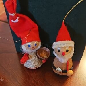 Vintage Holline Wood Santa & Mrs. Clause Wood Ornaments Made In Denmark